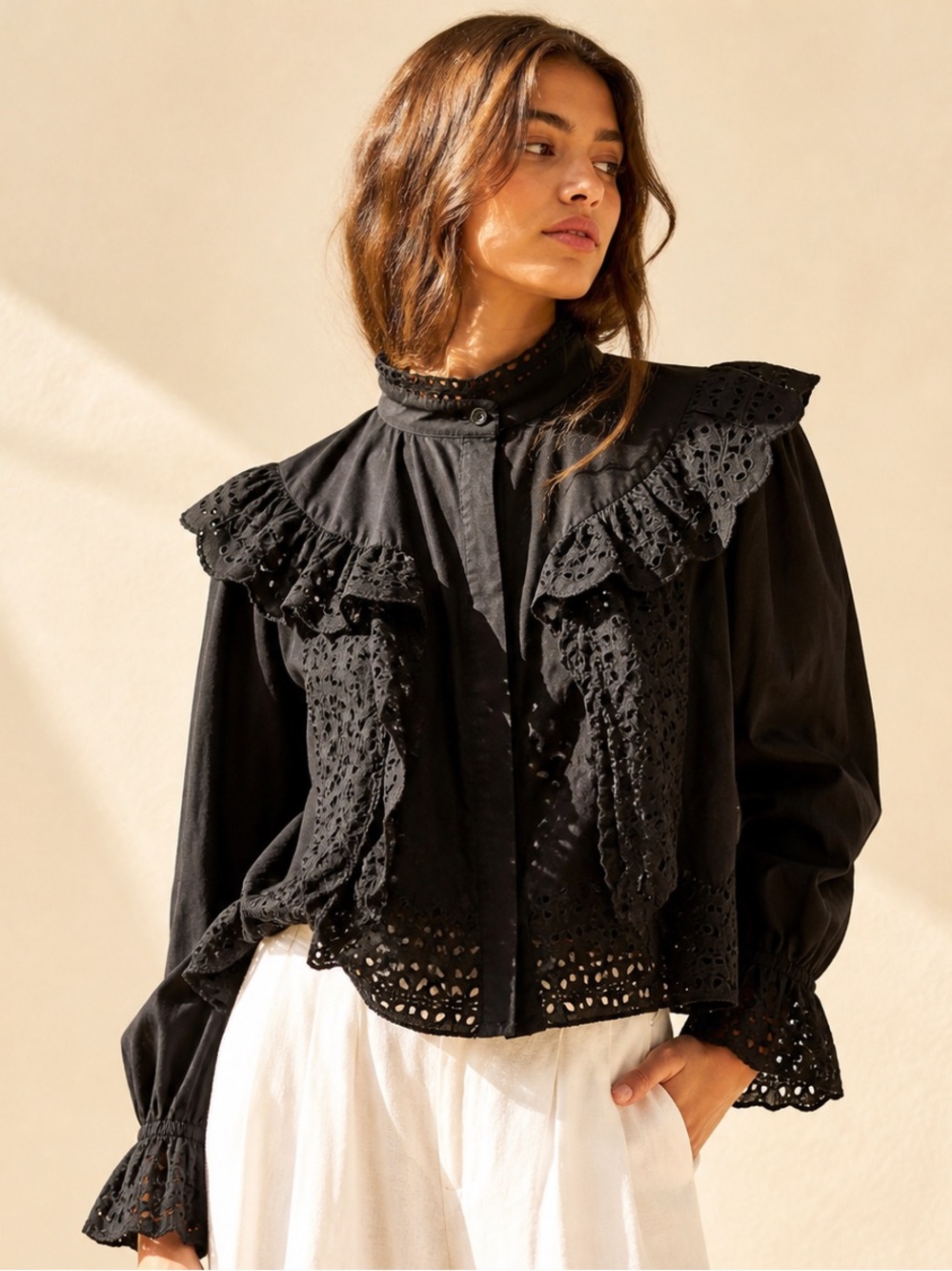Anthropologie Joie Victorian Eyelet Ruffle Blouse Black Sz M